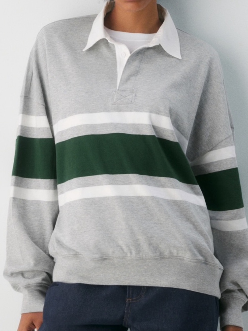Aritzia Grey Pullover with White & Dark Green Rugby Stripes